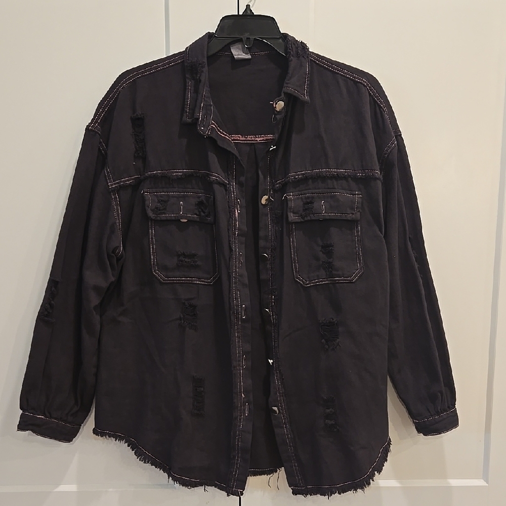 Black Distressed Denim Jean Jacket with Pink Stitching